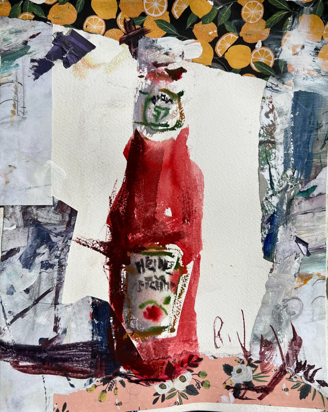 Image shows collage border in progress. It's used over a reject painting and a great way to start a loose painting.
