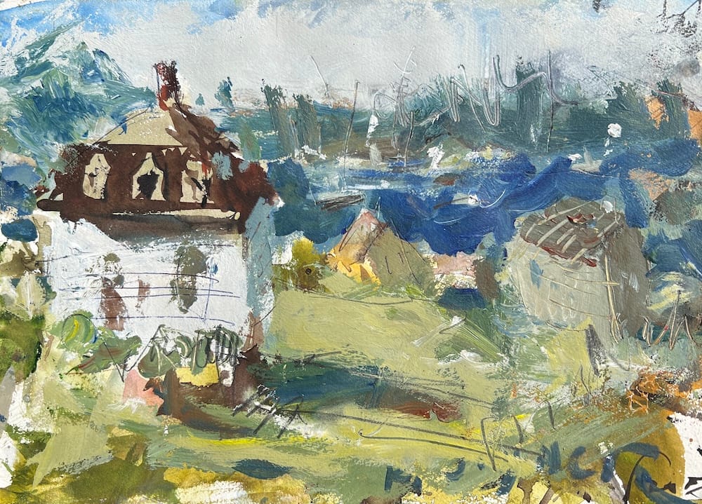 Loose painterly coastal scene painted with watercolor and acrylics on archival paper, featuring a small white house, distant hills, and abstract boats