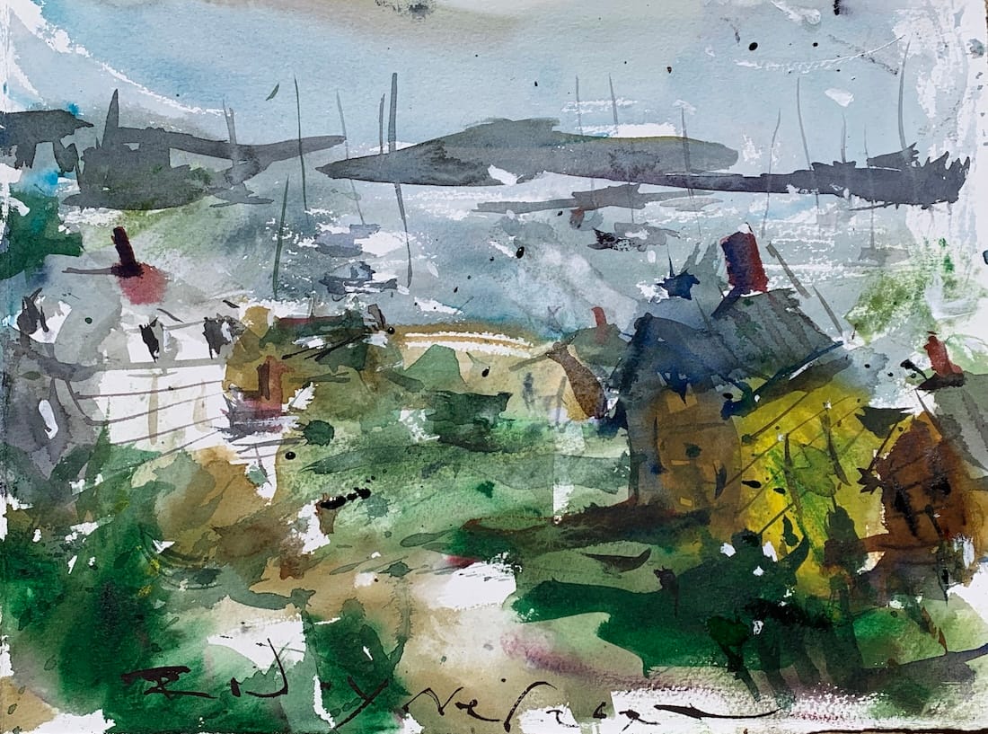 Loose advanced watercolor coastal landscape with tonal colors, expressive washes, abstract buildings, and atmospheric shoreline painted in a painterly style