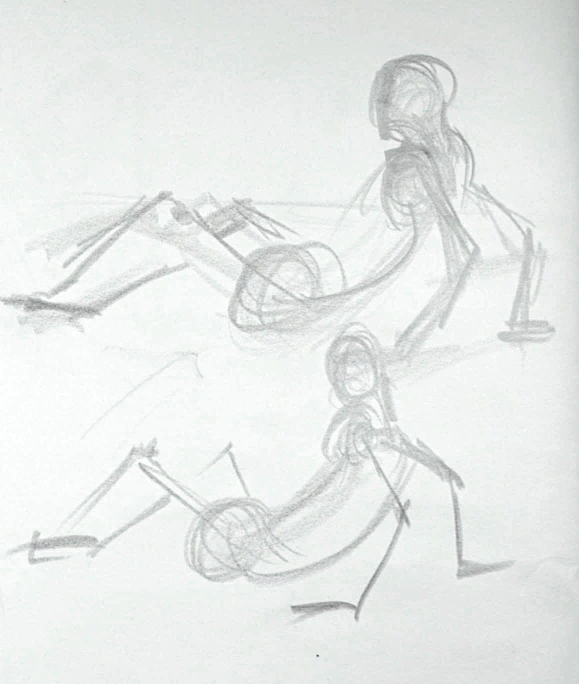 Gesture figure drawing of a seated pose showing simplified shapes, curved spine, and flowing lines to capture movement and balance.