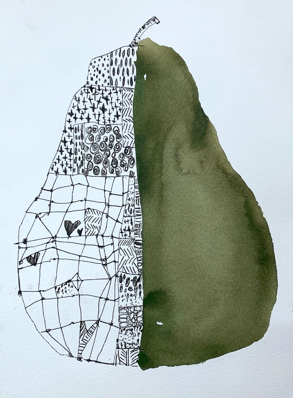 Half-and-half watercolor pear painting with loose green wash on one side and abstract ink patterns on the other