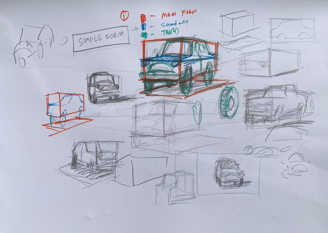 Beginner car drawing showing simple box forms and perspective breakdown