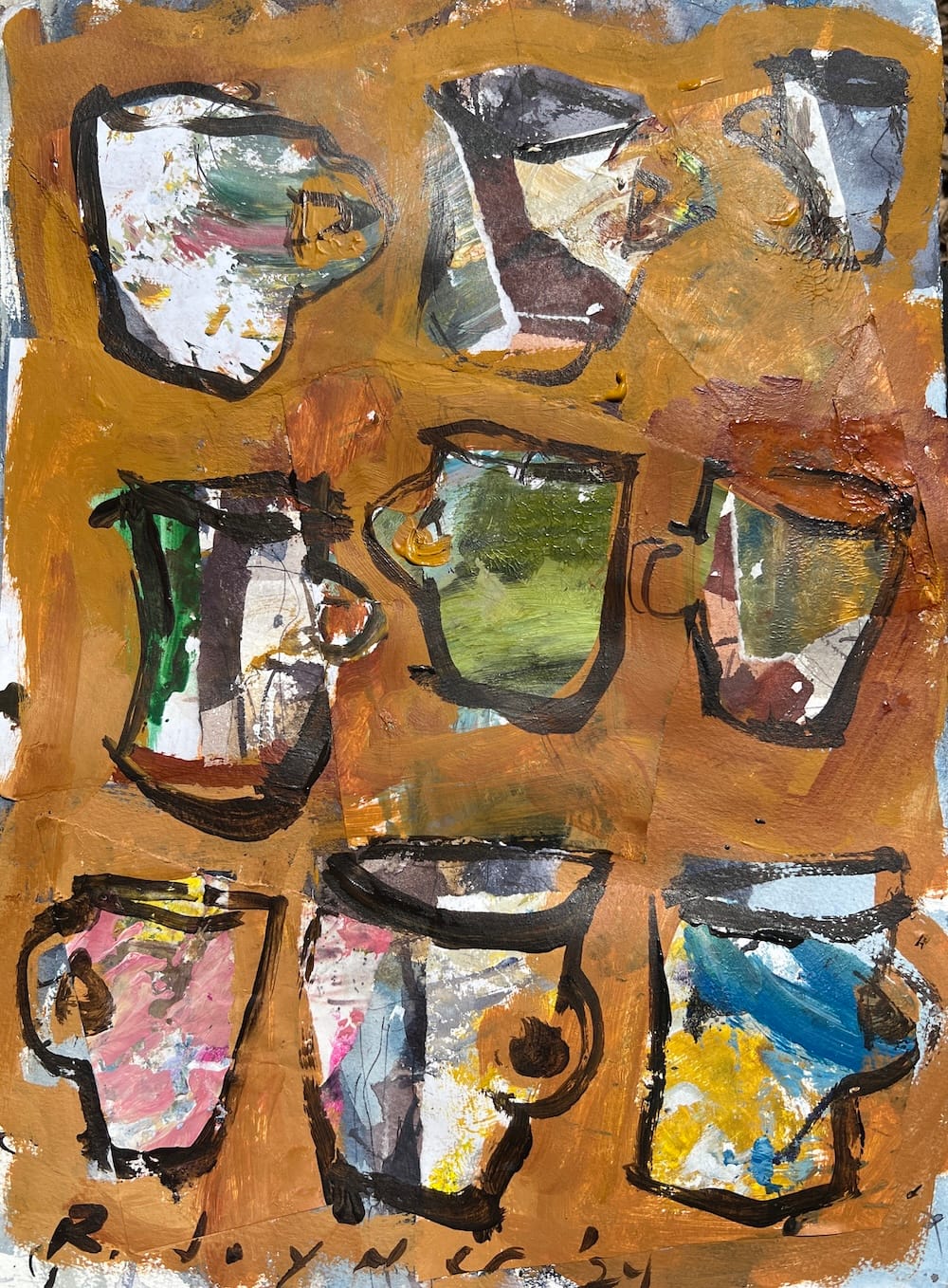 Loose mixed media painting of coffee cups created with collage paper, acrylic paint, and expressive black line work on a warm brown background