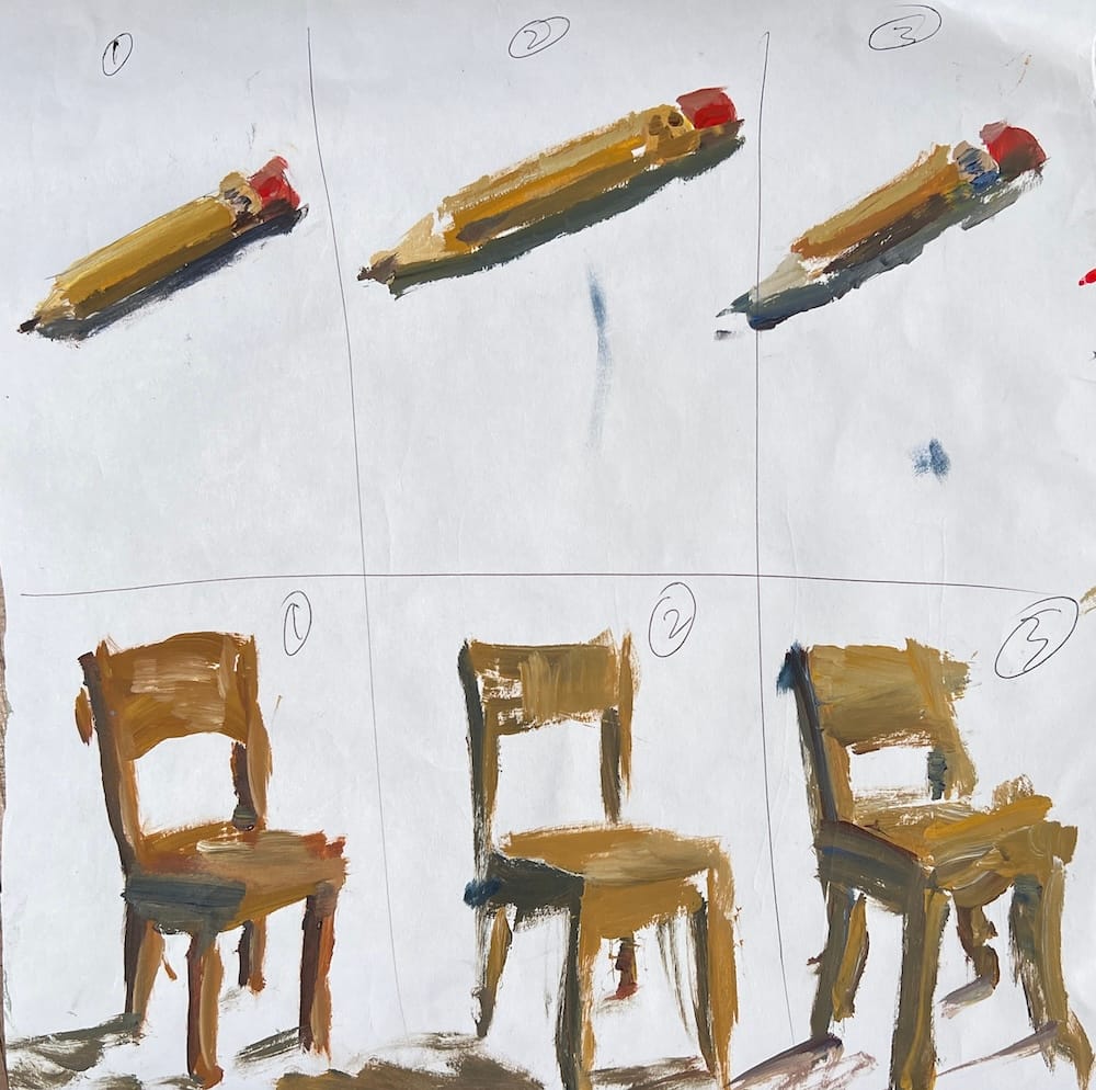 Side-by-side progression showing pencil sketch of chair transforming into loose, expressive acrylic painting demonstrating the construct to deconstruct method for painting with freedom