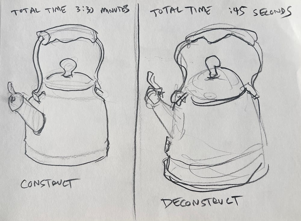 Sketchbook showing two drawings of a tea kettle, one carefully constructed and one loose and expressive deconstructed version