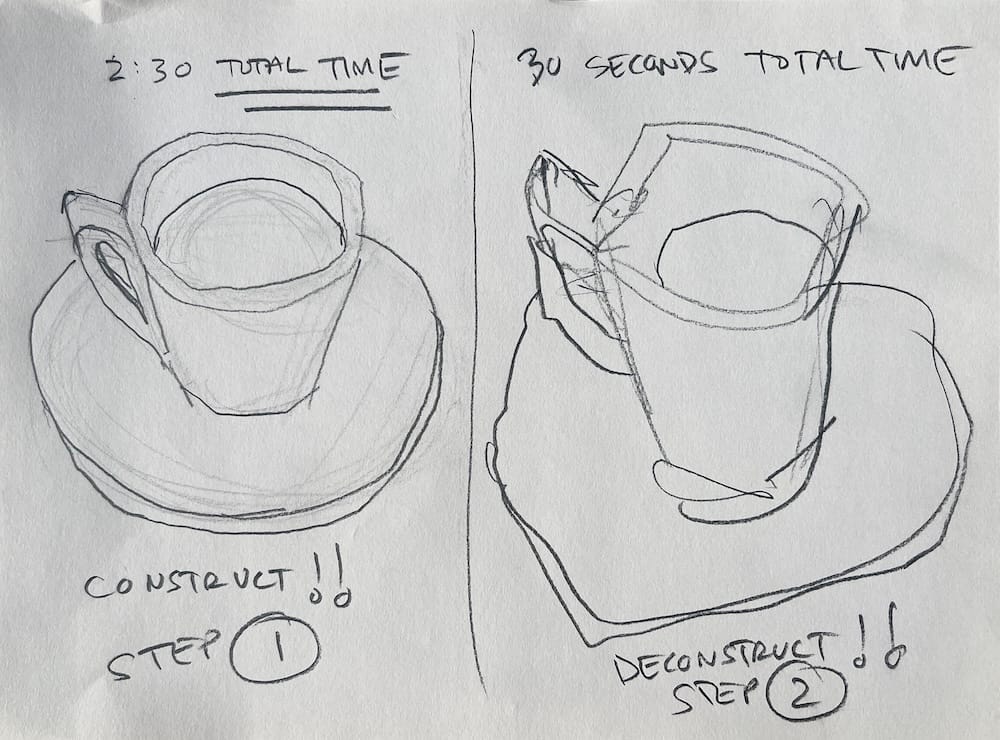 Side-by-side drawing showing a structured construction sketch and a loose expressive version of the same subject