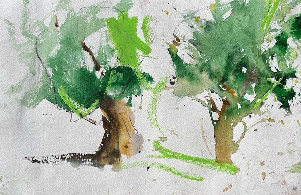Loose watercolor tree paintings using mixed media techniques with expressive brushwork, collage, and abstract forms