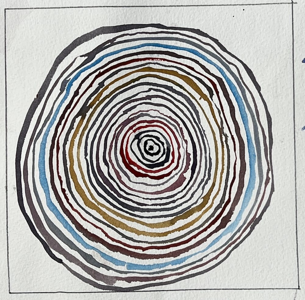 Watercolor painting of multiple concentric circles in various colors demonstrating a brush control and consistency challenge