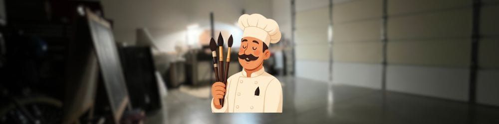 Cartoon chef holding watercolor brushes with garage studio background image