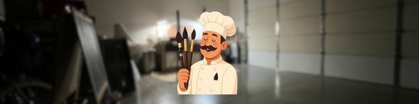 Cartoon chef holding watercolor brushes with garage studio background image