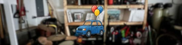 Cartoon car with balloons tied to it, symbolizing buying watercolor paints is like picking cars on a lot.