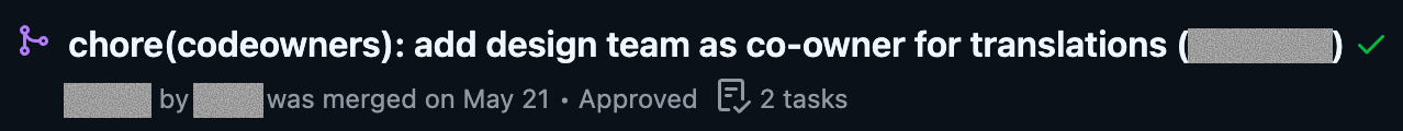 A GitHub pull request title showing that the design team has been added as a co-owner for translations.