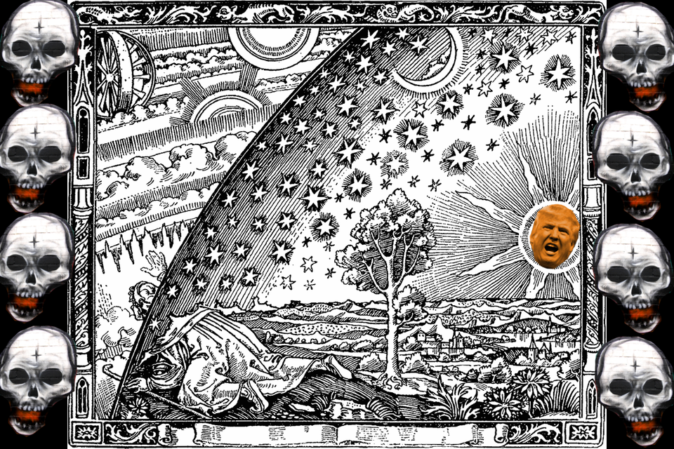 Flat earth interpreted in a engraving with Donald Trump as the Sun.