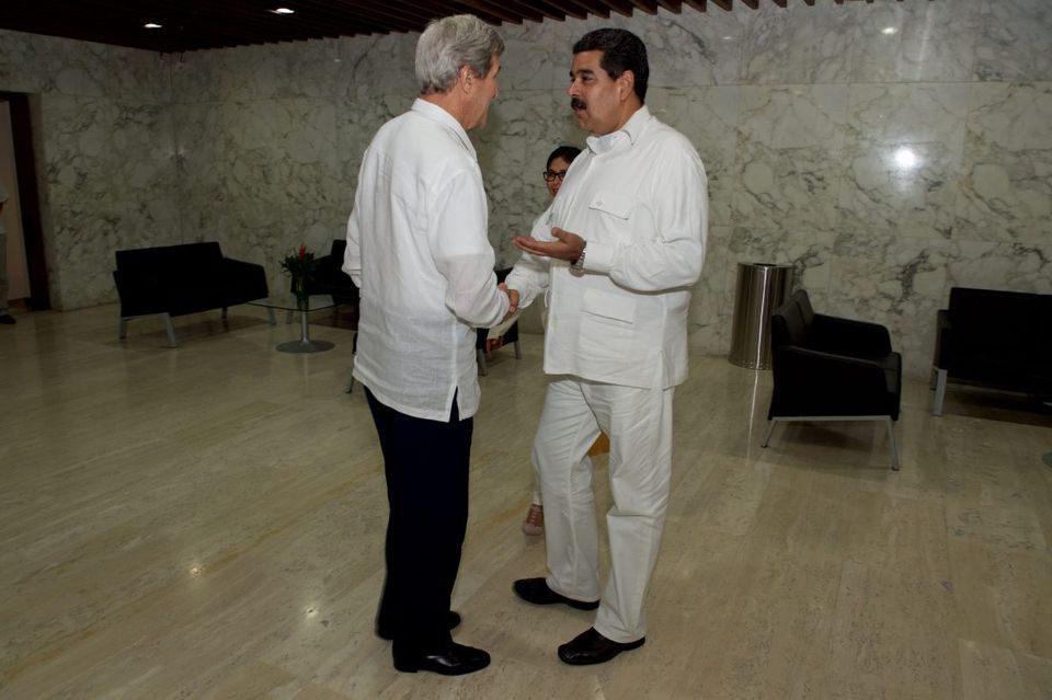 U.S. Secretary of State John Kerry with Venezuelan president Nicolas Maduro, have a positive and informal meeting