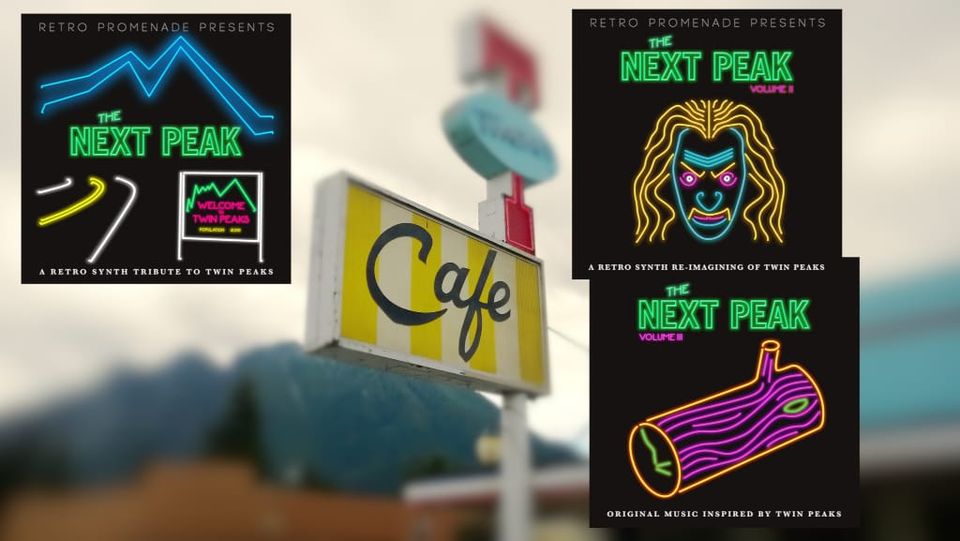 Album covers for The Next Peak Volumes I - III by Retro Promenade, a retro synth Twin Peaks tribute, displayed against a blurred roadside cafe with mountains in background.