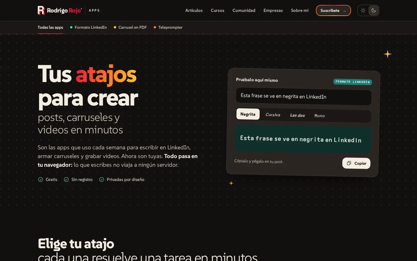 apps.rojo.me: atajos gratis para crear posts, carruseles y videos.