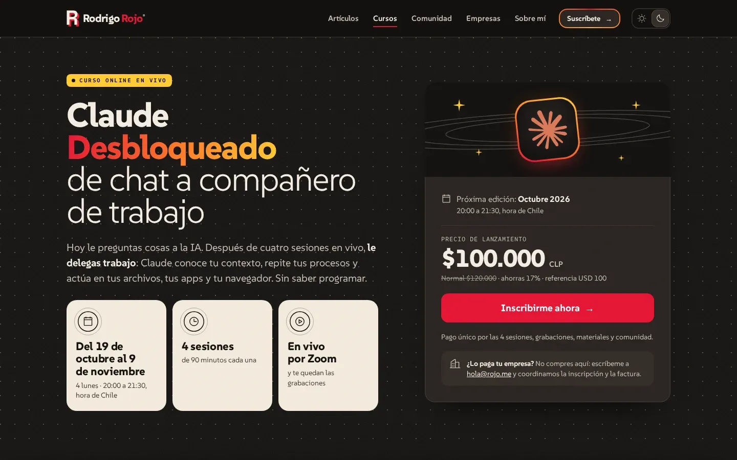 La página de Claude Desbloqueado: fechas, sesiones y formato bien a la vista, y el botón para inscribirte siempre a mano.