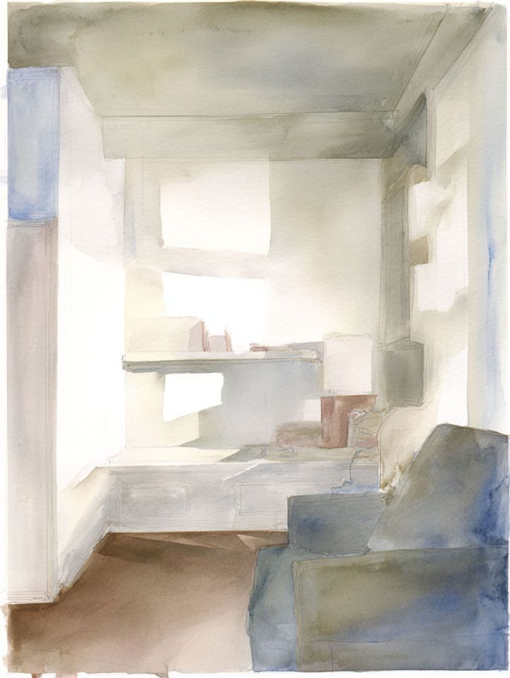 Loose watercolor of a sunlit interior with a window, built-in shelves, a bench, and an armchair in soft blues and warm wood.