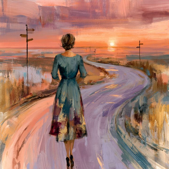 A woman in a teal dress walks away from the viewer down a winding road at dawn, past signposts pointing in different directions.