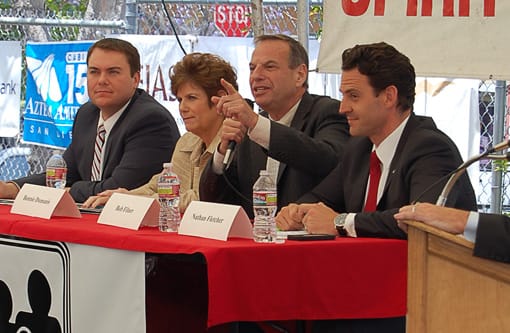 (from left to right) Carl DeMaio, Bonnie Dumanis, Bob Filner, and Nathan Fletcher