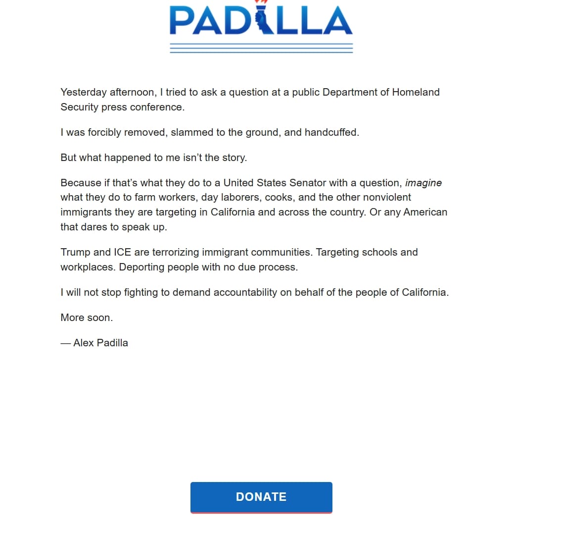 Alex Padilla fundraising email.