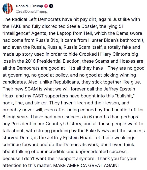 Trump Truth social post about Epstein.