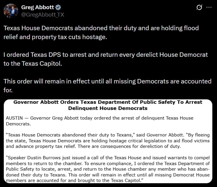 Governor Abbott tweet calling for arrest of delinquent Democrats.