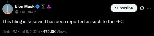 Musk denies FEC filing is from him.