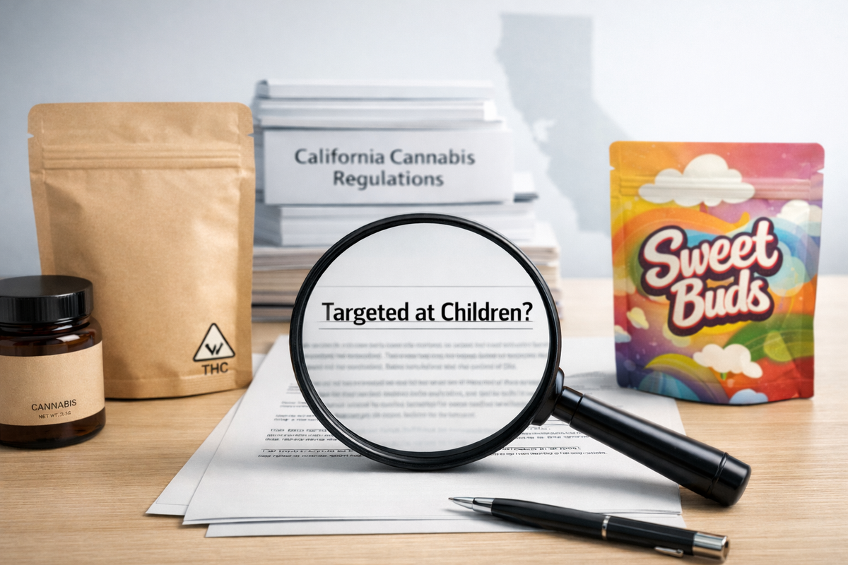 Close-up of California cannabis packaging under review with document reading "Targeted at Children?" highlighting regulatory debate over youth-appealing packaging standards.