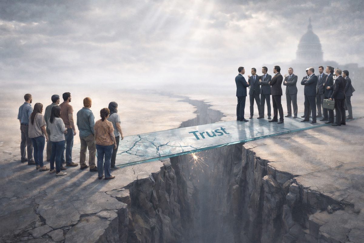 Illustration of independent voters facing politicians near the U.S. Capitol across a cracked bridge, symbolizing political trust gap, election reform, voter ID debate, and money in politics.