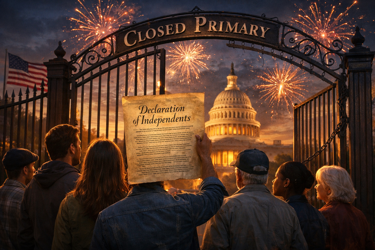 Independent voters holding a “Declaration of Independents” outside a closed primary gate near the U.S. Capitol during America’s 250th anniversary.