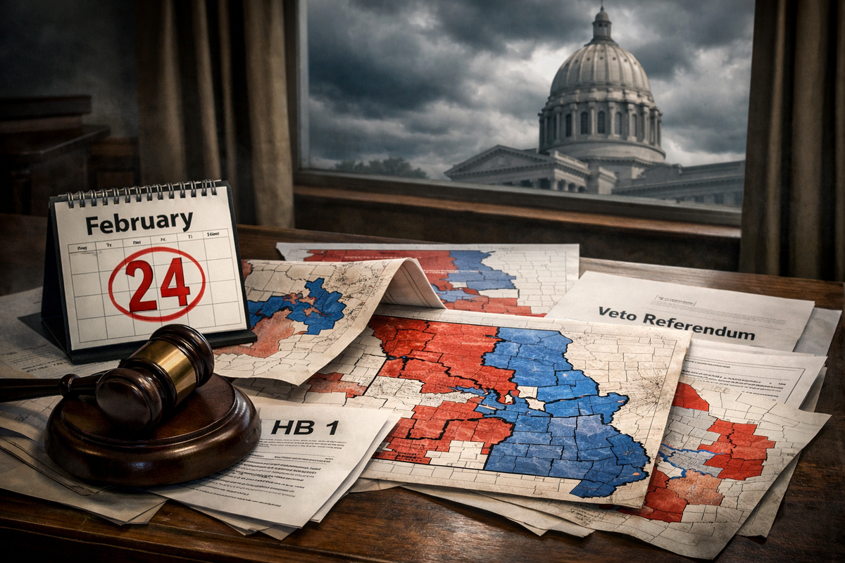 Missouri congressional district maps labeled HB 1 on a desk with a court gavel and February 24 filing deadline as lawsuits challenge the GOP redistricting plan.