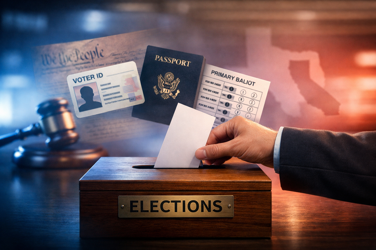 Ballot being cast into election box with voter ID card, passport, and primary ballot symbolizing the SAVE Act, voter ID laws, open primaries, ranked choice voting, and election reform debate.