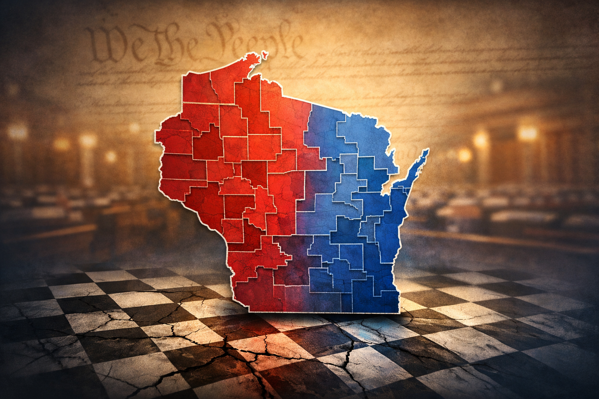Illustration of Wisconsin congressional districts divided red and blue over a cracked chessboard, symbolizing partisan gerrymandering and redistricting reform efforts in Wisconsin.