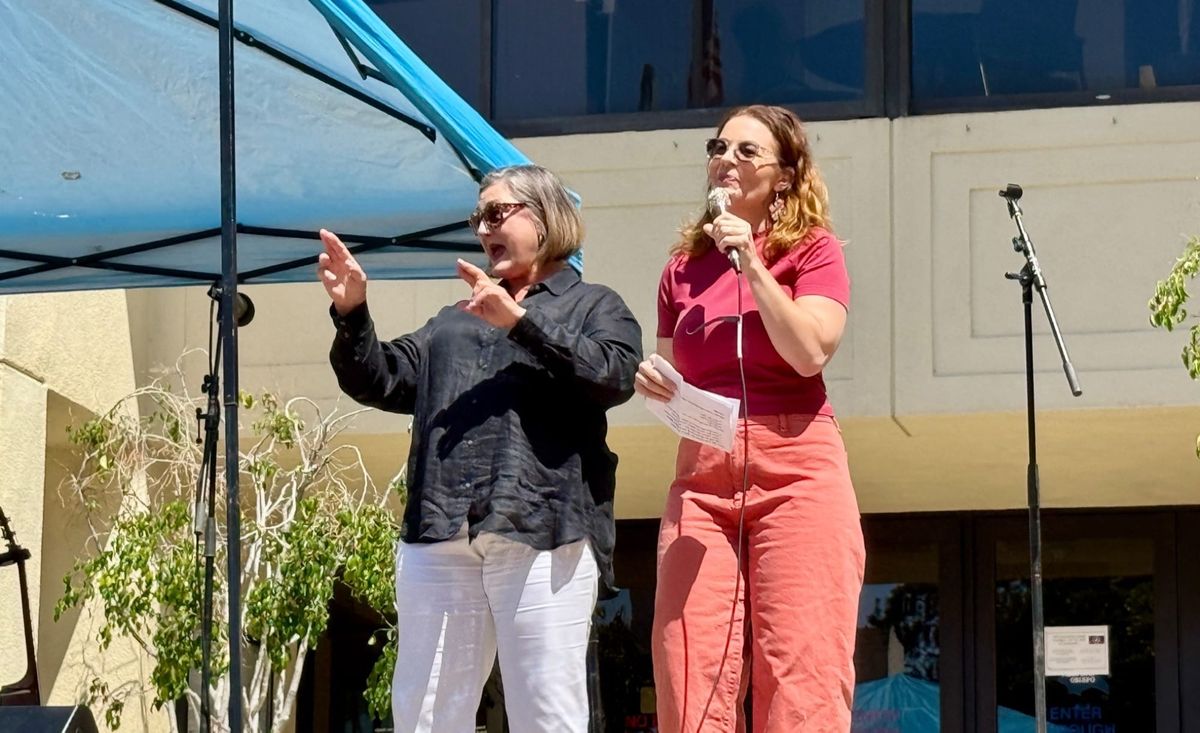 Assembly member Dawn Addis speaking with an ASL interpreter next to her. 