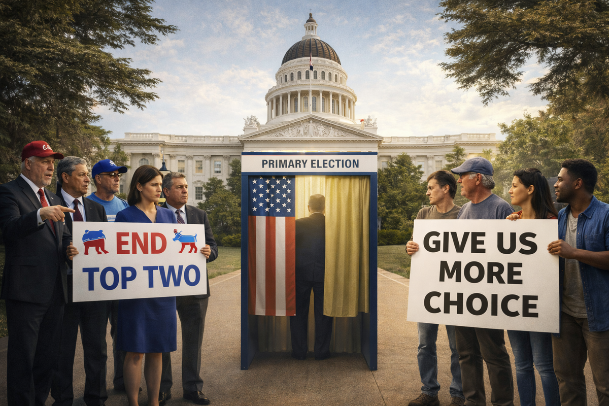Demonstrators outside the California State Capitol debate the Top-Two primary system during the California governor race, highlighting election reform and voter choice issues.