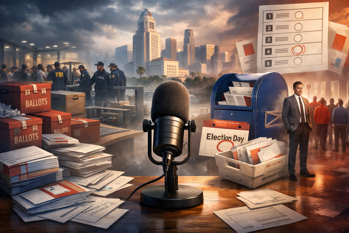 Podcast-themed political illustration showing ballots, ballot boxes, Los Angeles City Hall, a podcast microphone, election mail, and an independent politician.