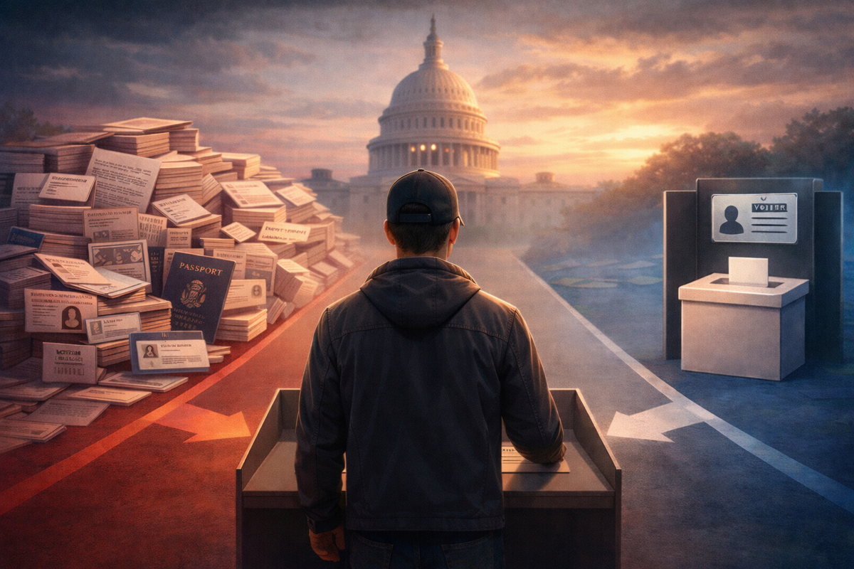 Independent voter choosing between complicated document requirements and a simple voting booth, symbolizing the debate over the federal voter ID bill.