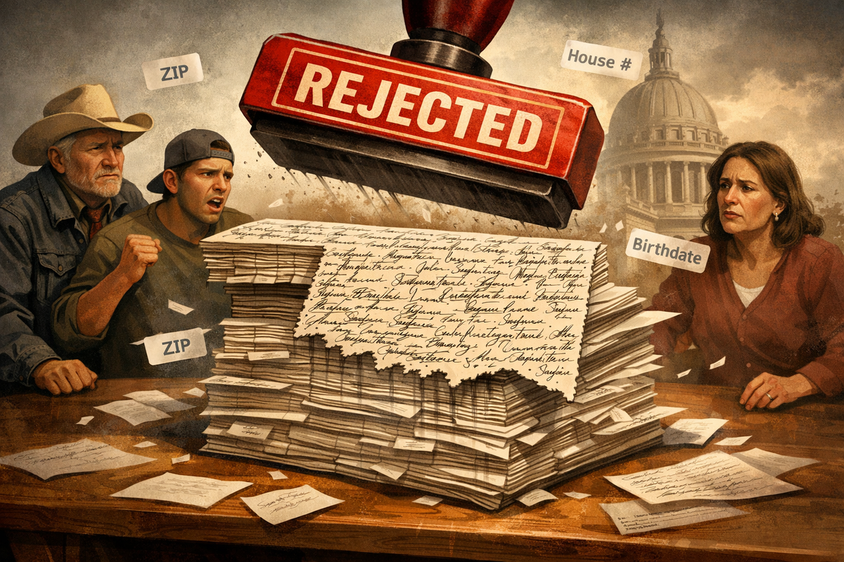 Illustration of Oklahoma ballot initiative petitions being stamped rejected.