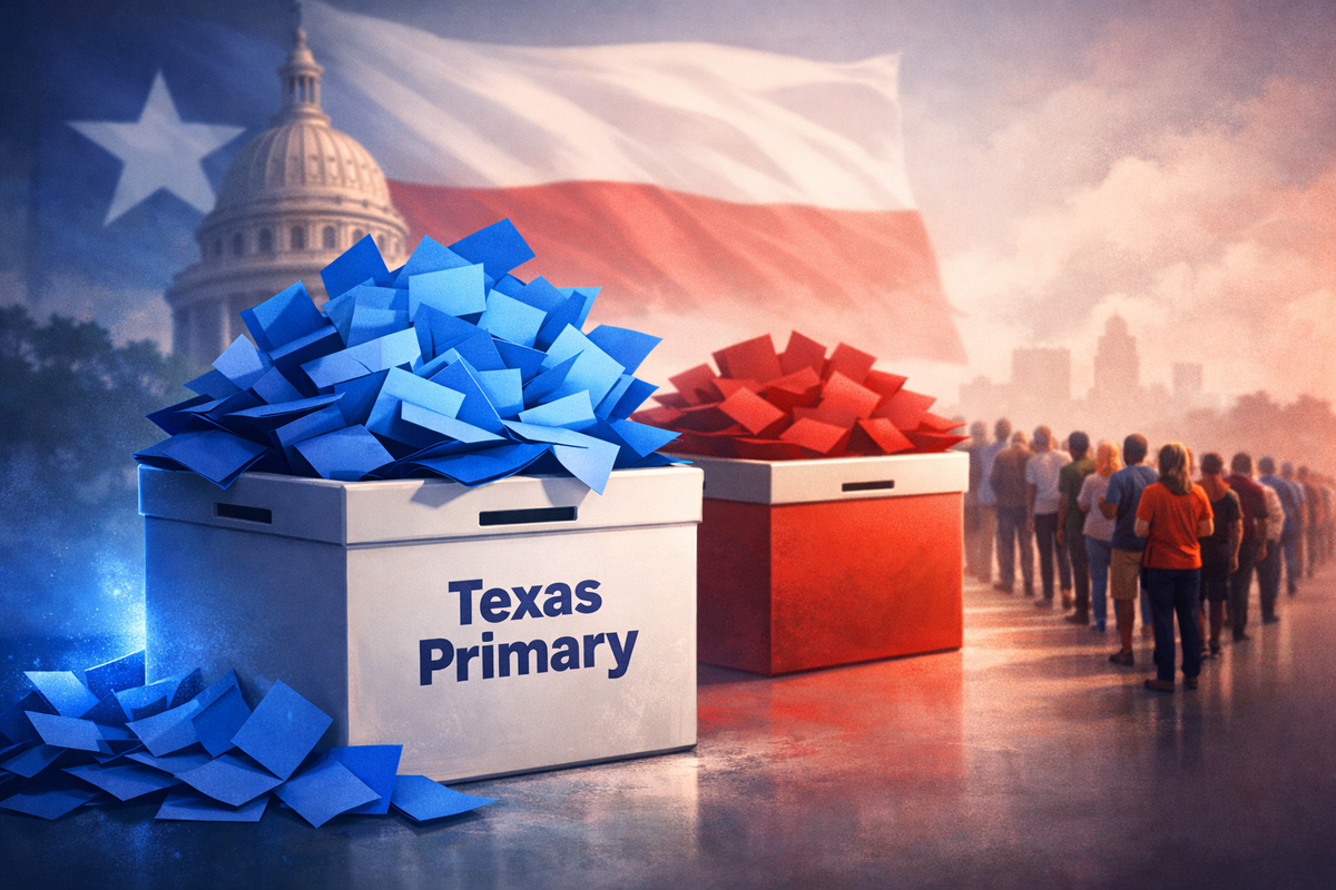 Illustration of Texas primary election turnout showing Democratic voter turnout surpassing Republican turnout in the 2026 Texas primary election.
