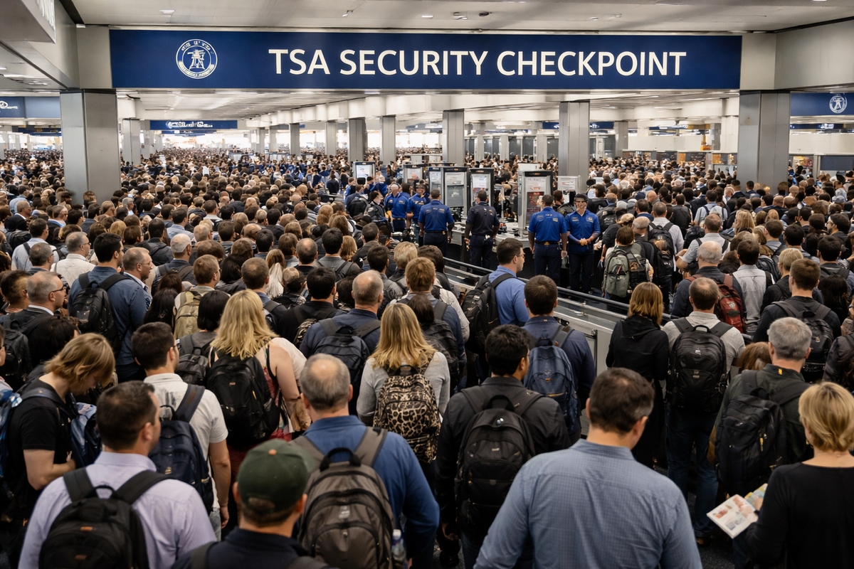 Overcrowded TSA security lines at a busy US airport during peak travel season, showing long wait times and heavy passenger congestion.