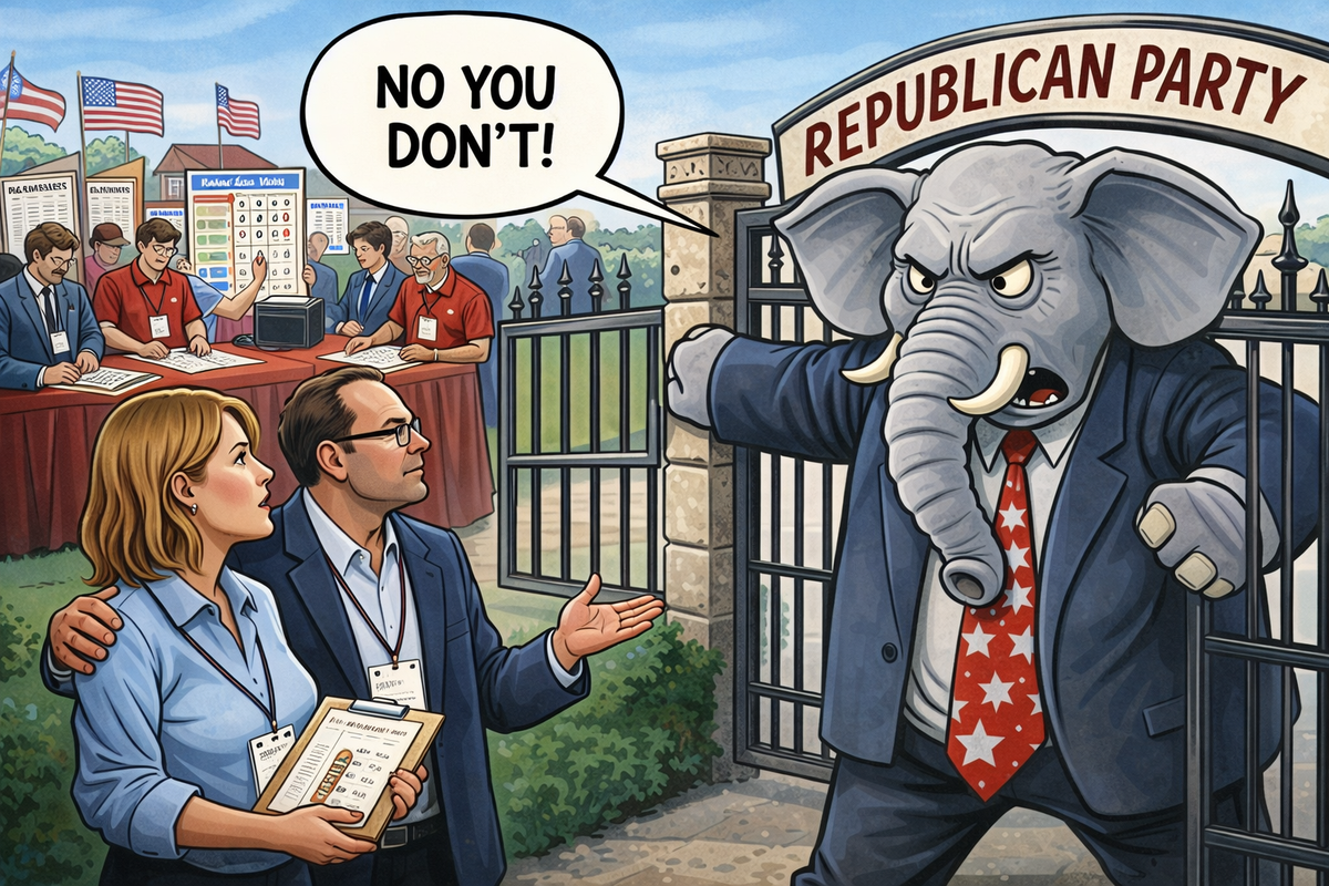 Republican elephant blocking ranked choice voting advocates at a Republican Party gate while party members use ranked choice voting in the background