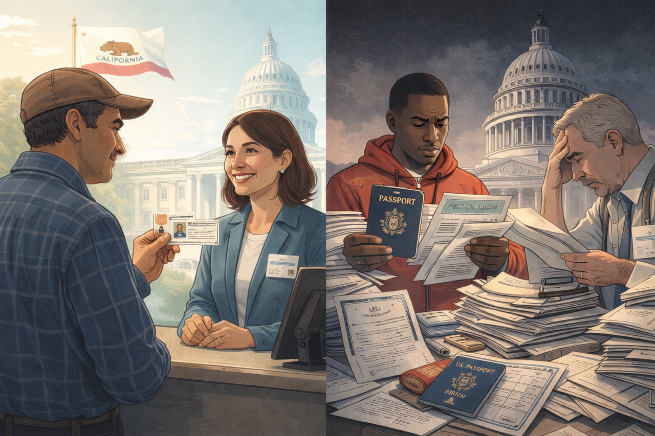 Illustration comparing California voter ID ballot initiative with the federal SAVE Act, showing a simple voter ID check versus complex federal documentation requirements.
