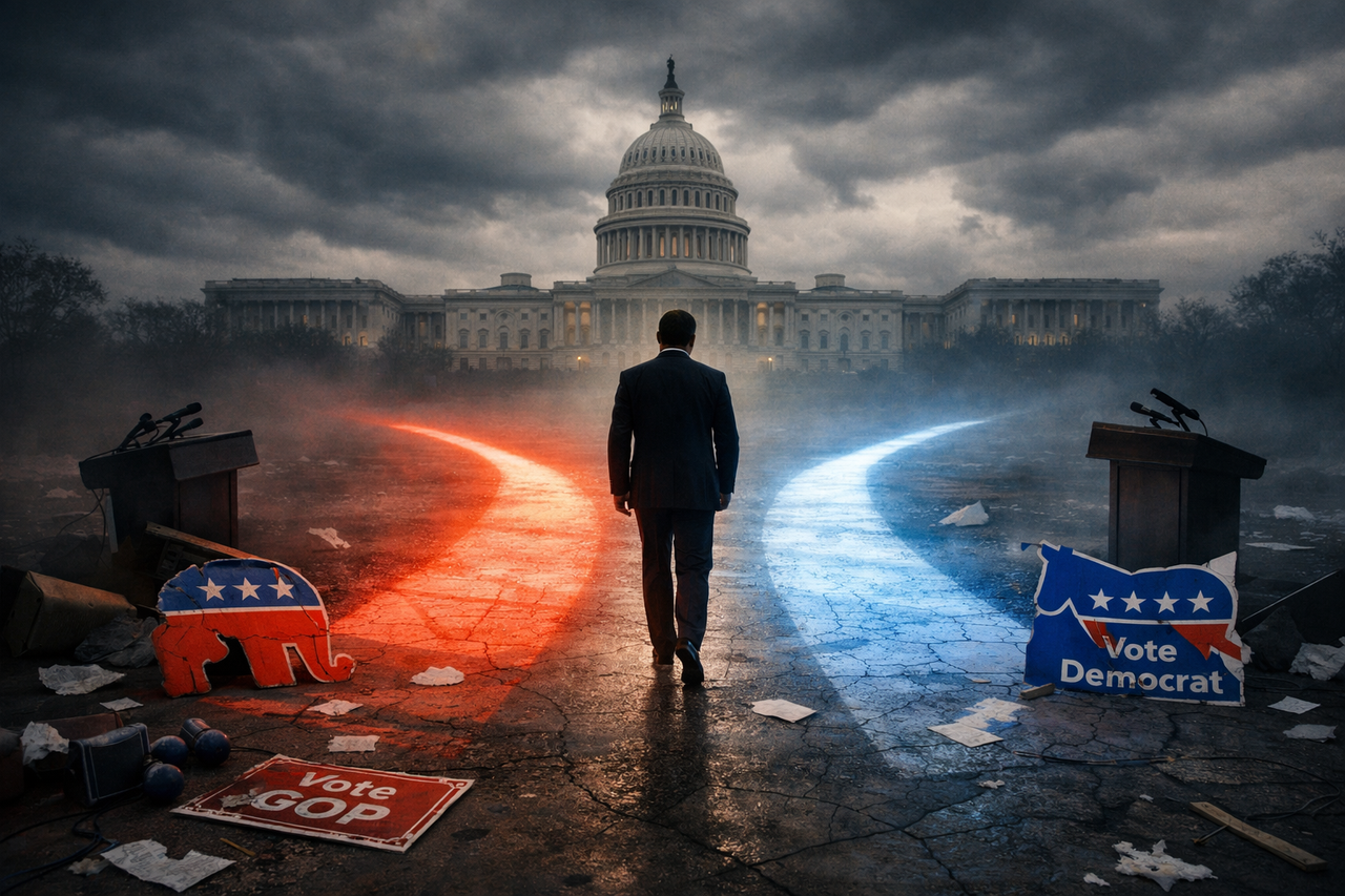 A lone congressman walks away from red and blue partisan paths toward the U.S. Capitol, symbolizing Kevin Kiley’s switch from Republican to independent.