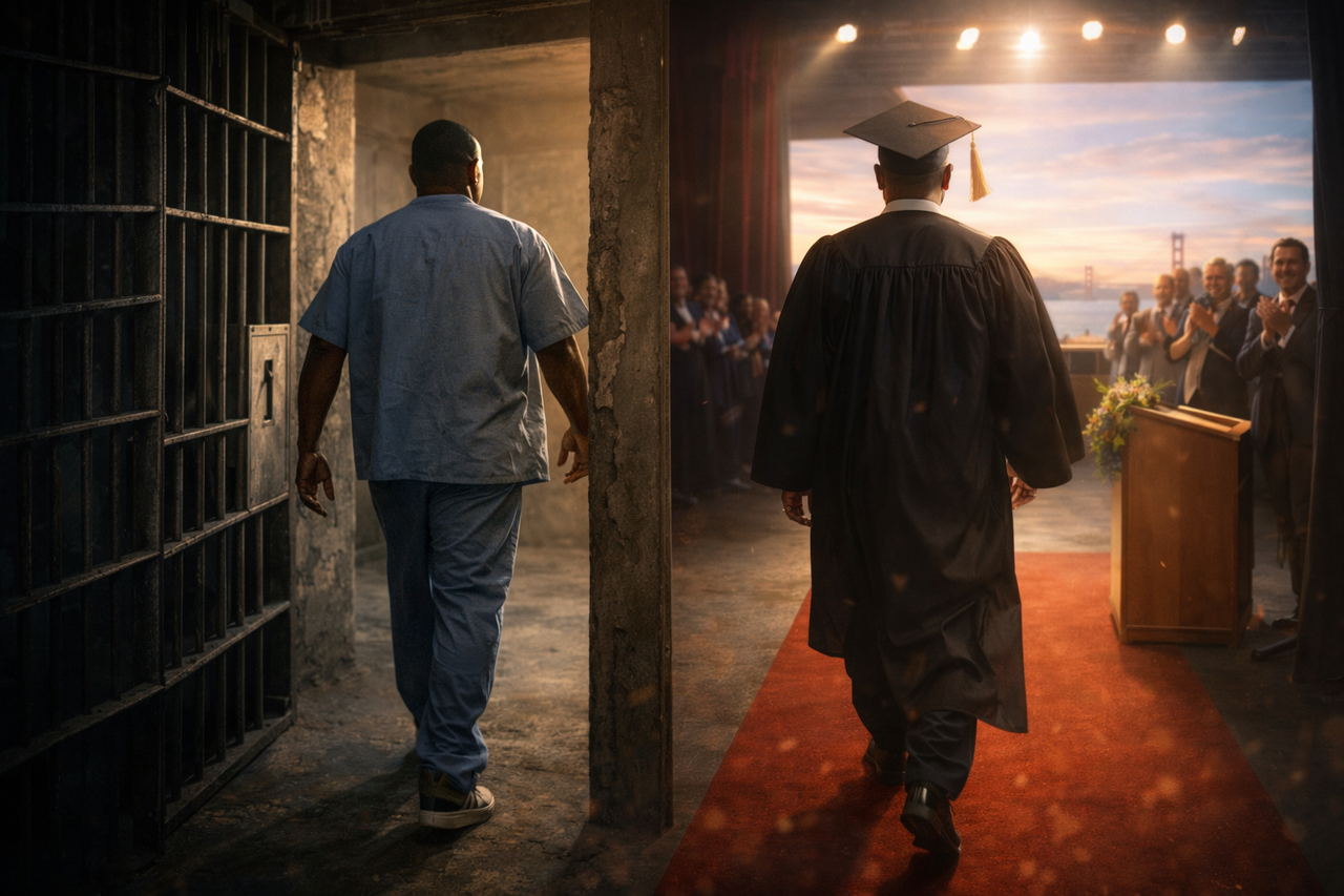 An incarcerated student walks out of a prison cell and onto a graduation stage in a cap and gown, symbolizing prison education and rehabilitation at the San Quentin Rehabilitation Center.