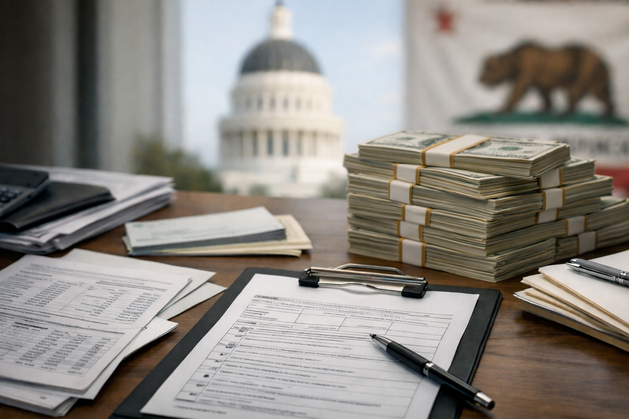 California ballot initiative paperwork and campaign finance documents beside stacks of cash, symbolizing big-money influence in the 2026 election.