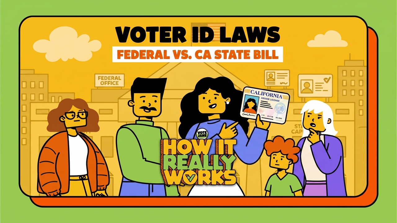 OG illustration for How It Really Works: Voter ID Laws, comparing California voter ID initiative to federal SAVE Act.