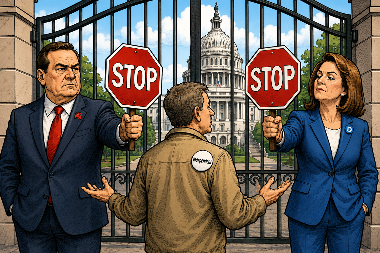 Political cartoon showing Republican and Democratic figures holding stop signs at a gate while an independent voter is blocked from entering, with the US Capitol behind them.