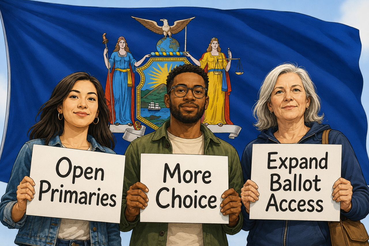New York voters holding signs that say Open Primaries, More Choice, Expand Ballot Access in front of the state flag.