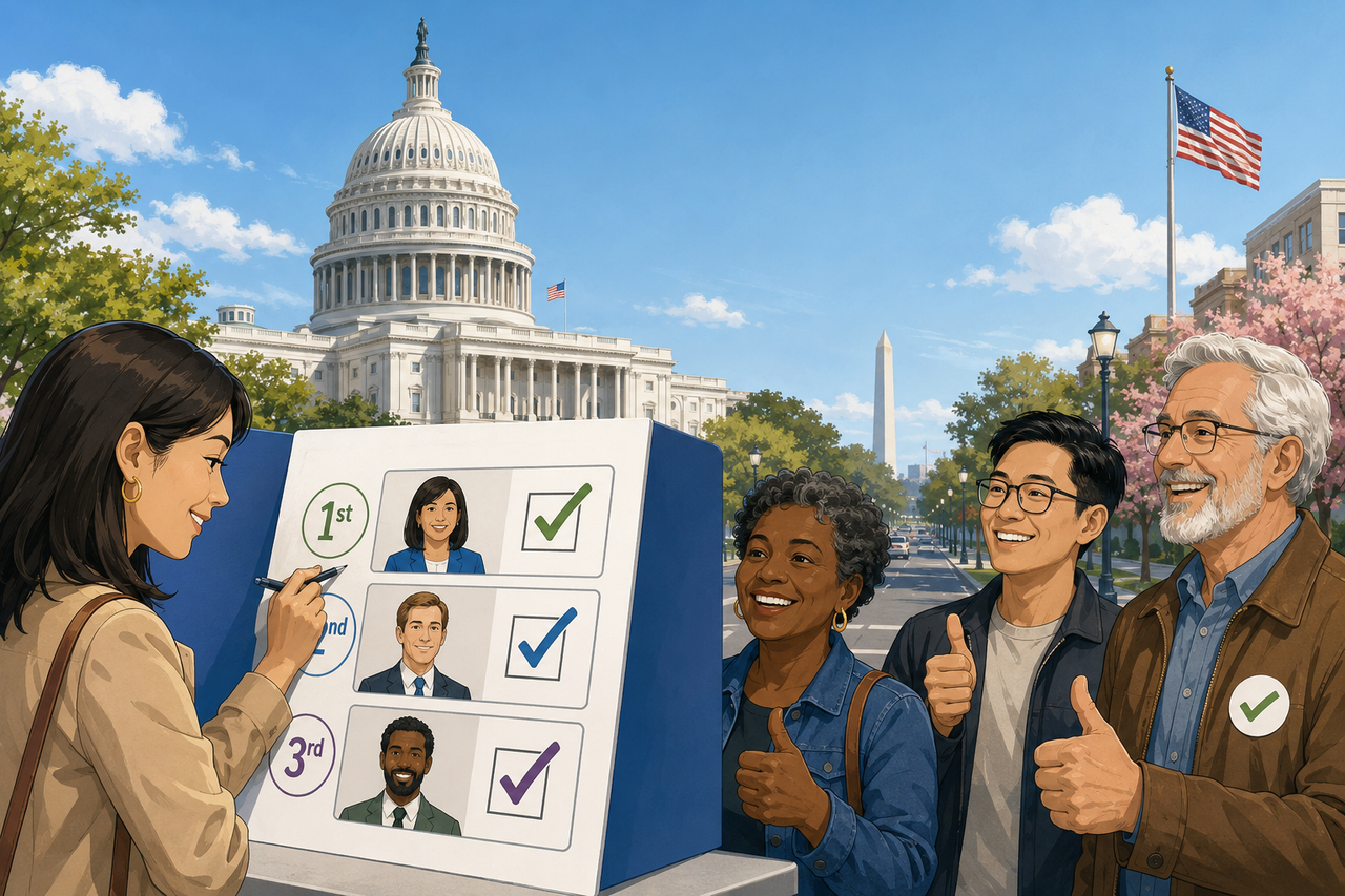 Political cartoon illustration of Washington, DC voters approving ranked choice voting, with a ranked ballot in the foreground and the US Capitol and Washington Monument in the background.